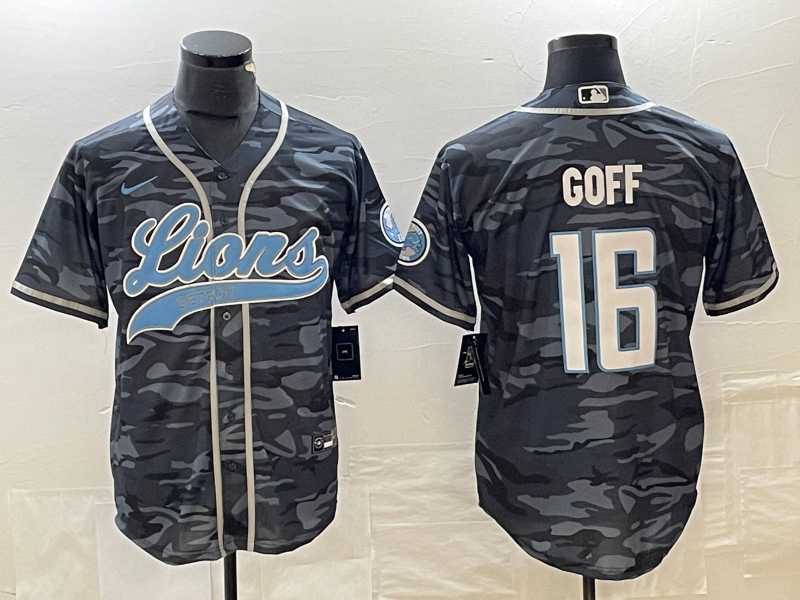 Mens Detroit Lions #16 Jared Goff Grey Camo With Patch Cool Base Baseball Limited Jersey